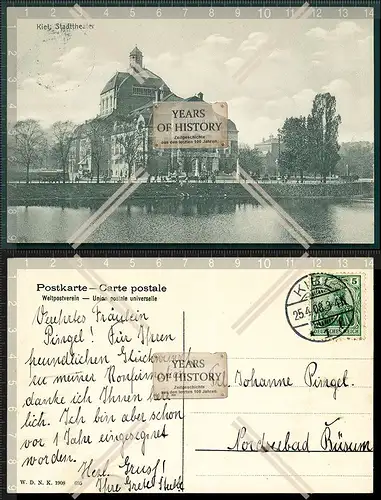 Orig.  AK Kiel Stadttheater mit kleinem See 1908 gelaufen