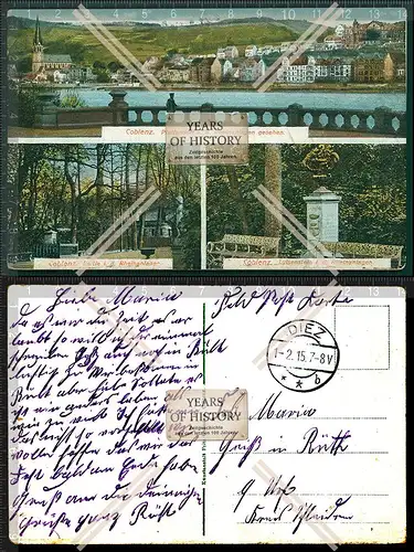 Orig. AK Koblenz Pfaffendorf Rheinanlagen Luise Stein 1915 Feldpost Diez gelauf