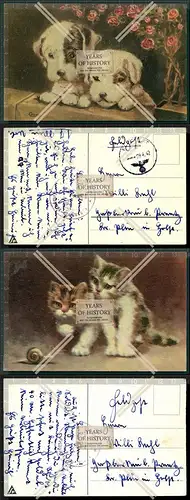 Orig. AK 2x Künstler Karten Hunde Katzen Feldpost 1942 gelaufen