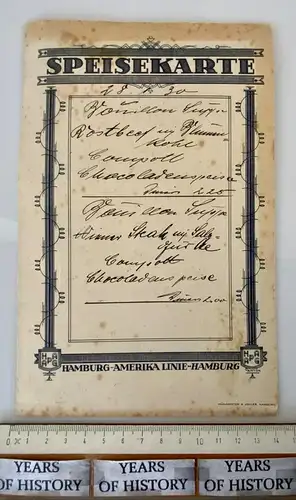Hamburg-Amerika-Linie H.A.P.A.G. Hapag handgeschriebene Speisekarte 1930 Rostock