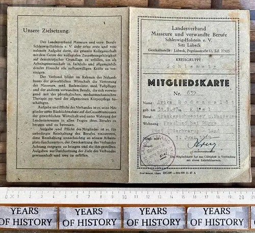 Mitgliedskarte für Krankenschwester und Masseure 1948 Fraulund Rügge Süderbrarup