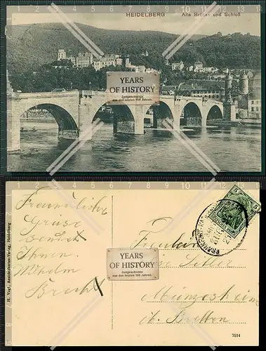AK Heidelberg alte Brücke und Schloss Bahnpost 1911 gelaufen