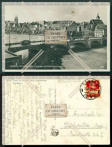 AK Basel mittlere Rheinbrücke mit Rhein Panorama 1929 gelaufen