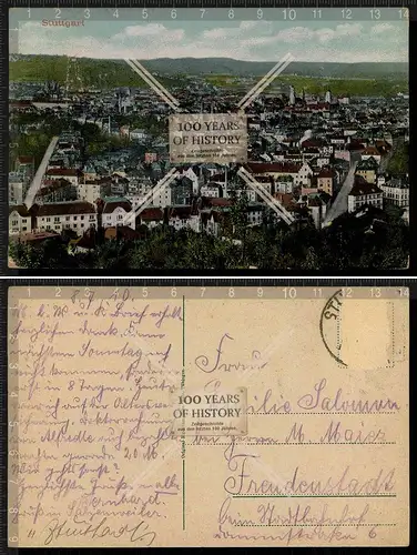 Orig. AK Stuttgart Panorama Stadtansicht gel. 1910 Marke fehlt