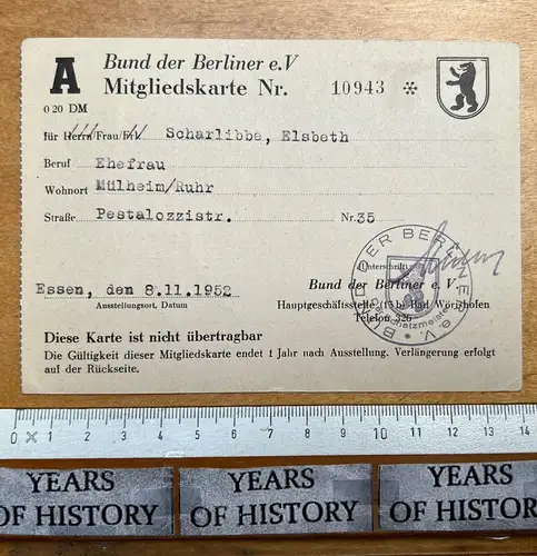 Bund der Berliner e.V. Mitgliedskarte 1952 Nr. 10943 Mülheim Ruhr E. Scharlibbe