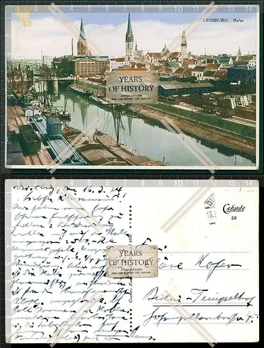 AK Duisburg Hafen 1924 gelaufen Boote Kirchen uvm.