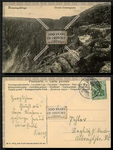 Orig. AK Große Schneegrube gel. 1909 Riesengebirge Baude Schlesien Polen Tschech