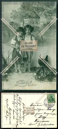 AK Ostern Kinder Geschwisterpaar im Hühnerstall Huhn Eier 1912 gelaufen