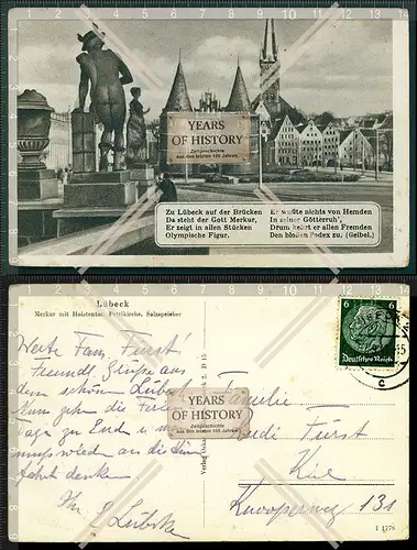 AK Lübeck Holstein 1941 gelaufen Merkur mit Holstentor Petri Kirche Salzspeich
