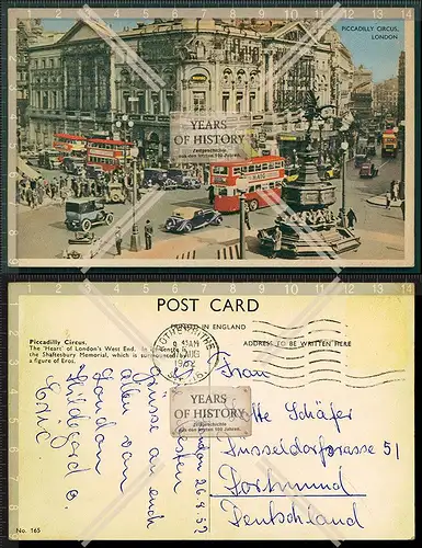 AK London Piccadilly Circus 1952 gelaufen Bus Omnibus Oldtimer Pkw Fahrzeuge