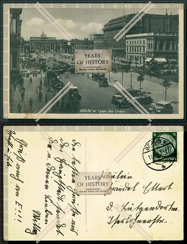 AK Berlin unter den Linden Brandenburger Tor viele Autos Oldtimer Bus 1940 gela