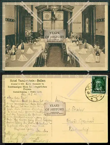 Orig. AK Köln Rhein Hotel Vanderstein Bellen Heumarkt 16 Innenansicht 1928 gel