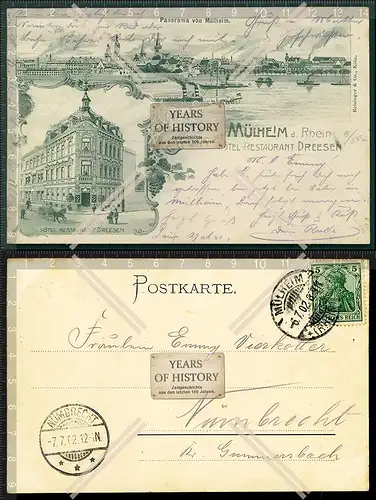 AK Litho Köln Mühlheim Rhein 1902 gel. Dreesen Hotel Restaurant