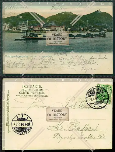 Orig. AK Königswinter am Rhein Dampfer Schiff mit Kohle Siebengebirge 1904 gel