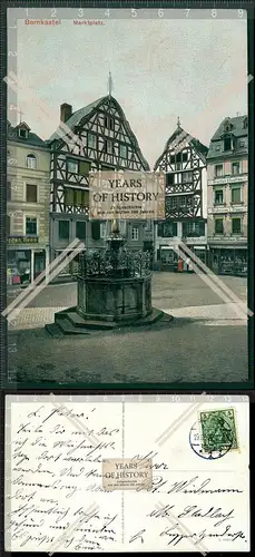 Orig. AK Bernkastel-Kues Mosel Marktplatz Fachwerkhäuser Brunnen 1909 gelaufen