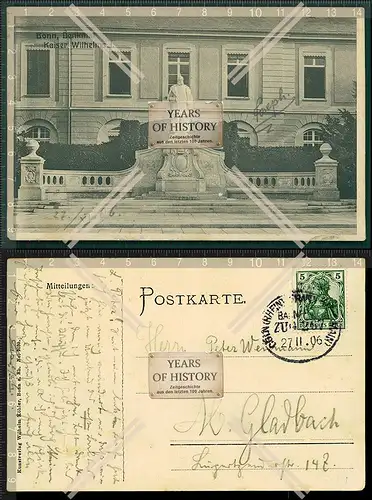 Orig. AK Bonn Denkmal Kaiser Wilhelms I Bahnpost 1906 gelaufen