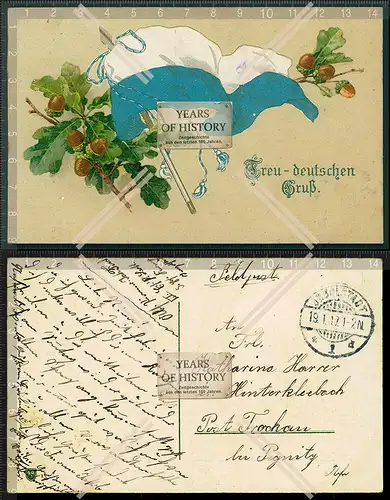 Orig. AK Litho Treu Deutschen Gruß Eichenlaub Fahne Feldpost gelaufen 1917