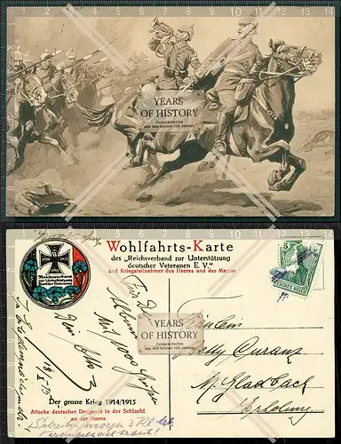 Orig. AK Wohlfahrts Karte Reiter mit Pferd Hornist im Kampf 1915 gelaufen