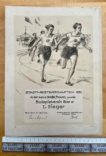 Urkunde 32x24 cm Gelsenkirchen Buer Stadtmeisterschaften 1932 400 m Lauf Frauen