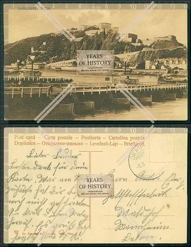 AK Koblenz Ehrenbreitstein Ponton Brücke 1916 gelaufen Rhein Mosel