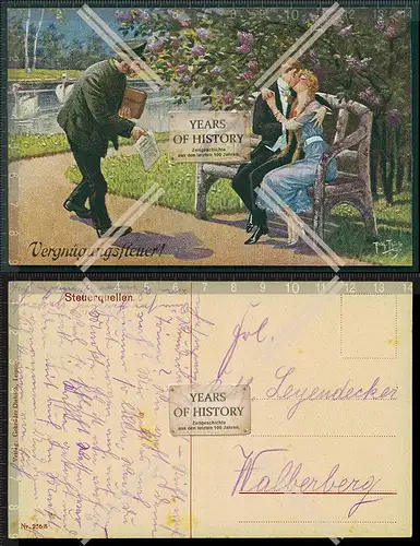 Orig. Künstler AK Liebespaar auf der Bank Vergnügungsfeuer Steuerquellen 1913