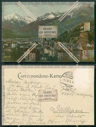 AK Meran Panorama Zielspitze Tschigat Röthelspitze uvm. 1912 gelaufen