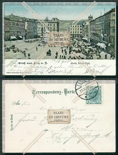 AK Linz an der Donau Straßenbahn Kleinbahn Franz Josef Platz 1905 gelaufen