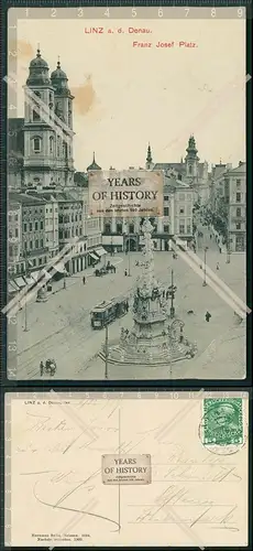 AK Linz an der Donau Straßenbahn Kleinbahn Franz Josef Platz 1909 gelaufen