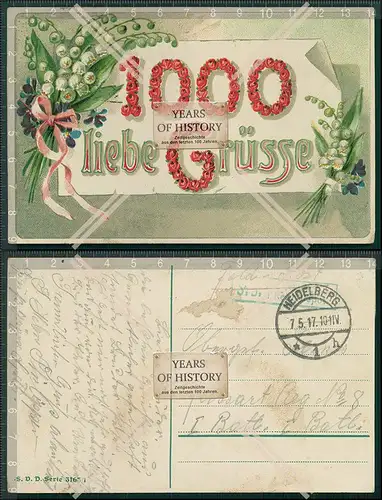 AK 1000 liebe Grüße Feldpost 1917 Heidelberg gelaufen Regiment Stempel Rücks