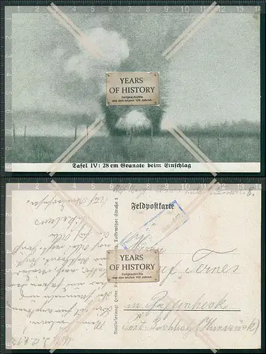 AK 1. WK 28 cm Granate beim Einschlag Feldpost 1917 gelaufen Regiment stempel e