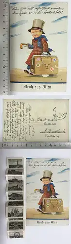 Orig.  AK Wien Leporello Faltkarte Kind Junge mit Koffer und Zylinder gel. 1942