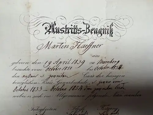 altes Dokument M.Haeffner Nürnberg Austritts Zeugnis Schule von 1855 mit Stempel