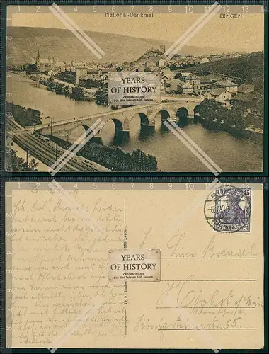 AK Bingen am Rhein Nationaldenkmal Panorama Brücke Eisenbahnlinie 1919 gelaufe