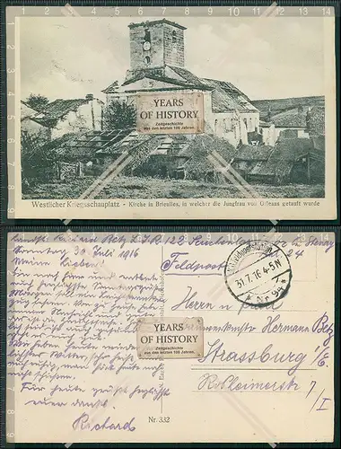 AK Feldpost 1. WK LIR Infanterie Regiment 122 Brieulles Frankreich Kirche in we