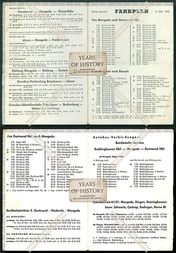 Klappkarte Fahrplan 1960 Dortmund Mengede Recklinghausen Rauxel Waltrop Datteln