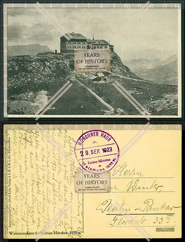 Orig. AK Watzmannhaus der Sektion München Berchtesgaden 1923 Rückseite mit So