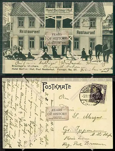 Orig. AK Braunlage Harz seltene Karte Hotel Berliner Hof 1919 gelaufen sehr sel