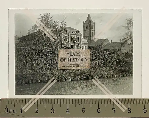 Orig. Glas Dia 1.WK Belgien Frankreich Kirche am Fluss