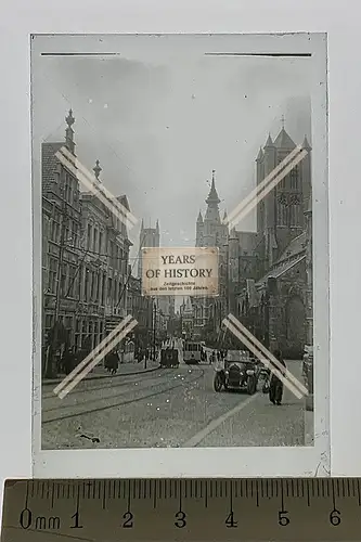 Orig. Glas Dia 1.WK Straßenbahn Kirche Kathedrale Straßenansicht Belgien Fran