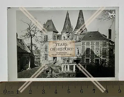 Orig. Glas Dia 1.WK Belgien Frankreich Burg Festung nach Beschuss