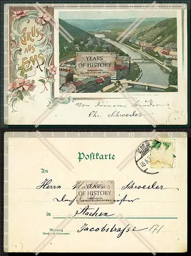 Orig. AK Litho Bad Ems Rhein Lahn Panorama Jugendstil gel. 1903