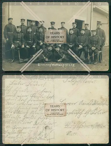 Foto AK Gruppe Soldaten 1914-15 Rückseite Sütterlinschrift Info Beschreibung