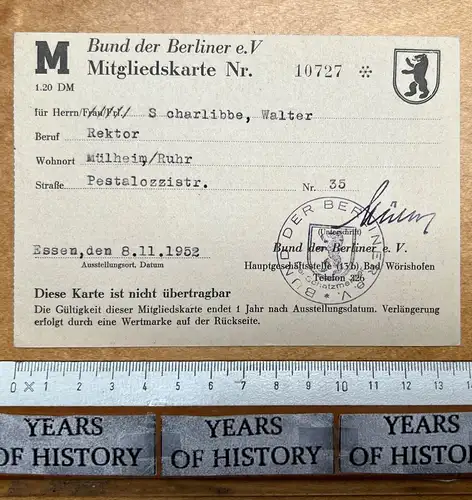 Bund der Berliner e.V. Mitgliedskarte 1952 Nr. 10727 Mülheim Ruhr W. Scharlibbe