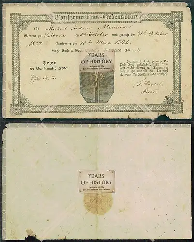 Dokument  von 1842 Konfirmations-Gedenkblatt