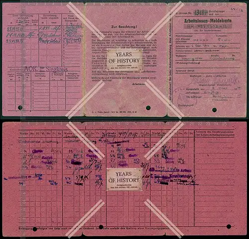 Dokument  Ausweis Arbeitslosen Meldekarte 1949 viele Einträge Stempel