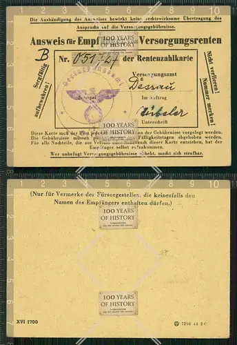 Orig. Ausweis Dessau 1941 für Empfänger von Entsorgungsrenten