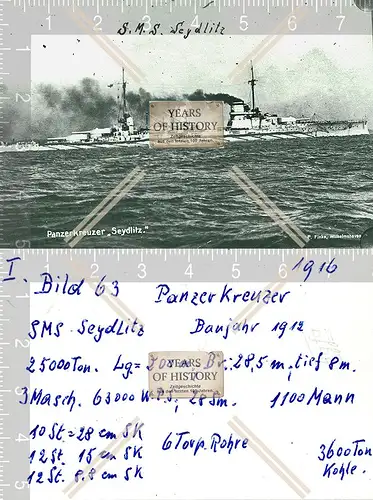 Foto S.M.S Seydlitz SMS Panzerkreuzer Kriegsschiff Kaiserliche Marine 1916