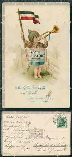 AK 1. WK patriotische Karte kleiner Junge mit Trompete Pickelhaube 1915 gelaufe