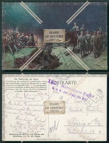 AK 1. WK ein Ruhmestag der 92er 1916 Feldpost gelaufen Vernichtung der serbisch