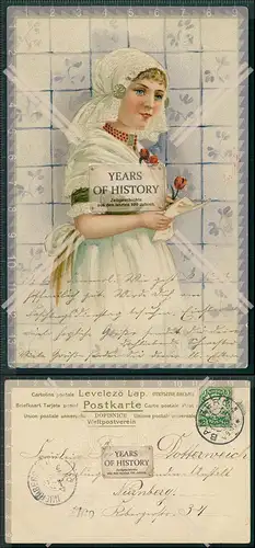 AK Prägekarte Lithographie 1903 gelaufen hübsche junge Dame in Tracht mit Tul